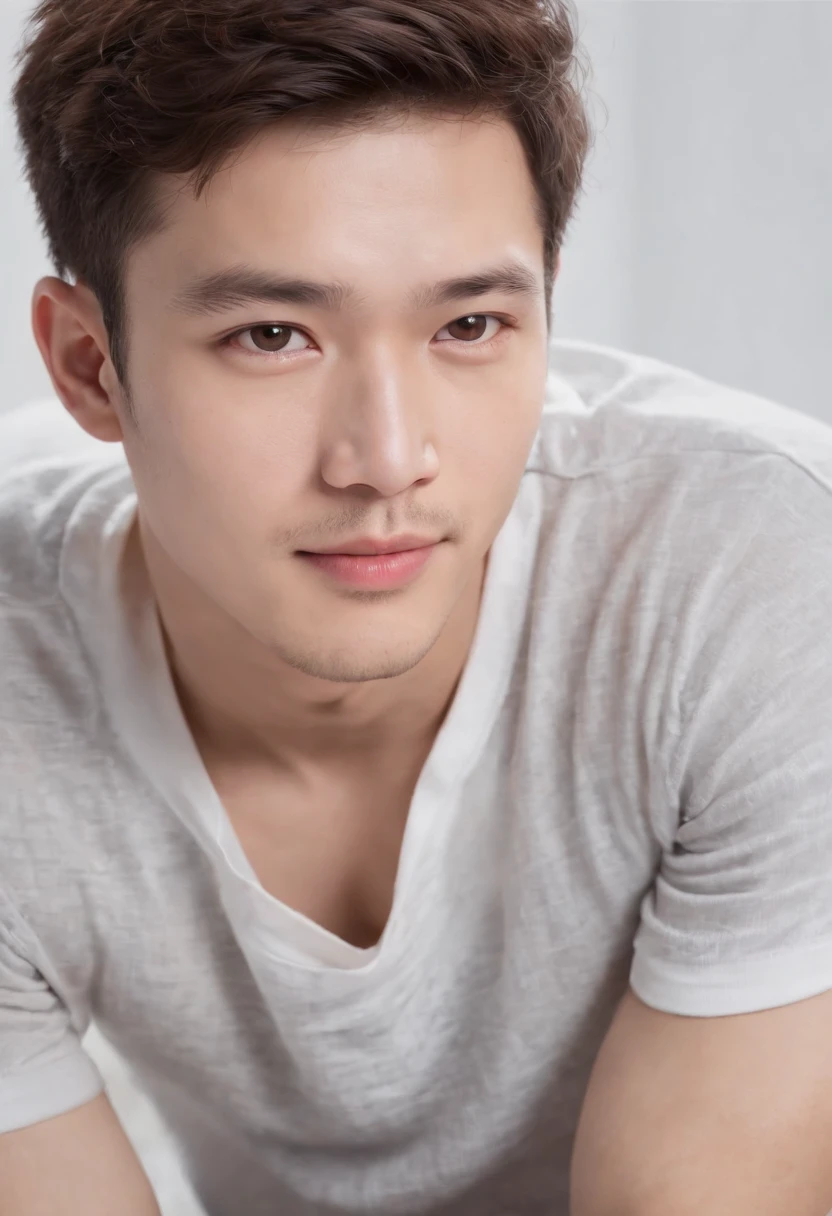 (Photo: 1.3) af (realistic: 1.3), East Asian man,curly_hair ,soft light, clear face, front, ((white T-shirt)), cheerful, warm light, ((gray-white gradient background)),(background)) ,avatar,(,handsome,young,((avatar))
