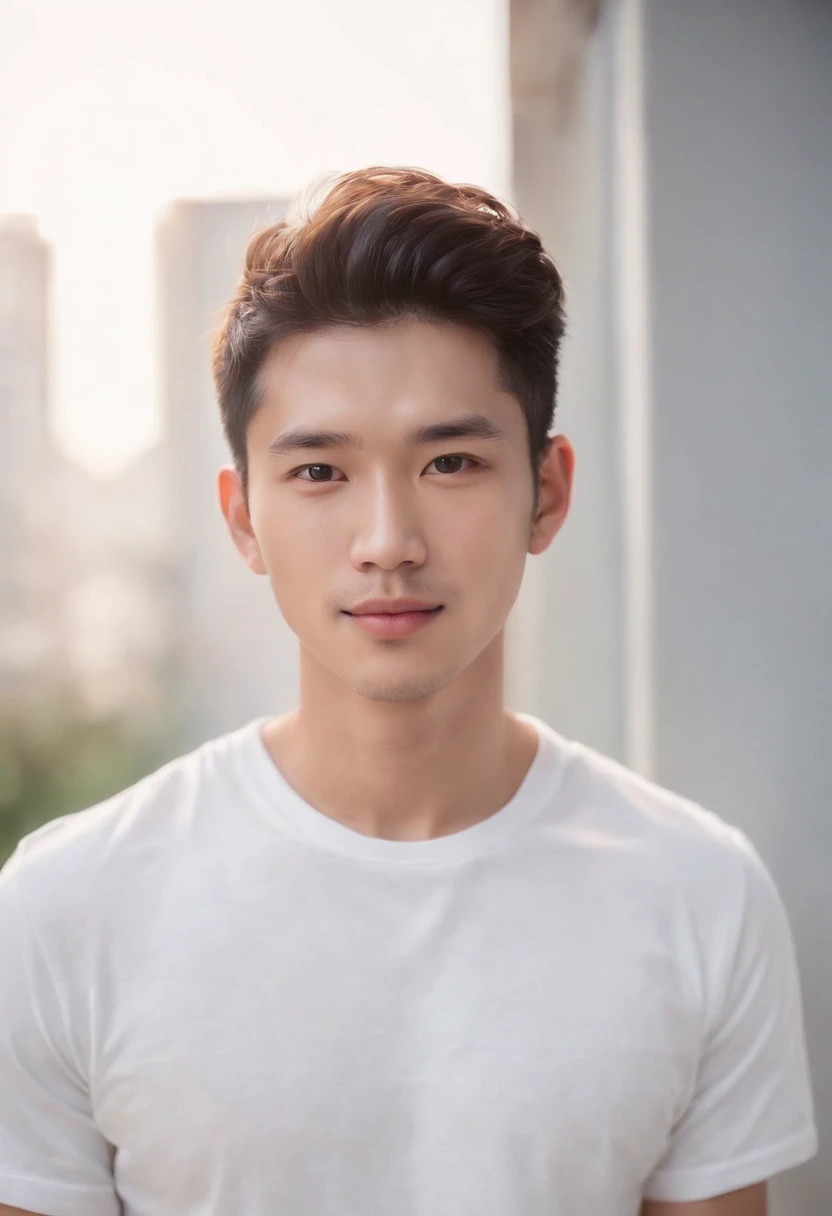 (Photo: 1.3) af (realistic: 1.3), East Asian man,curly_hair ,soft light, clear face, front, ((white T-shirt)), cheerful, warm light, ((gray-white gradient background)),(background)) ,avatar,(,handsome,young,((avatar))