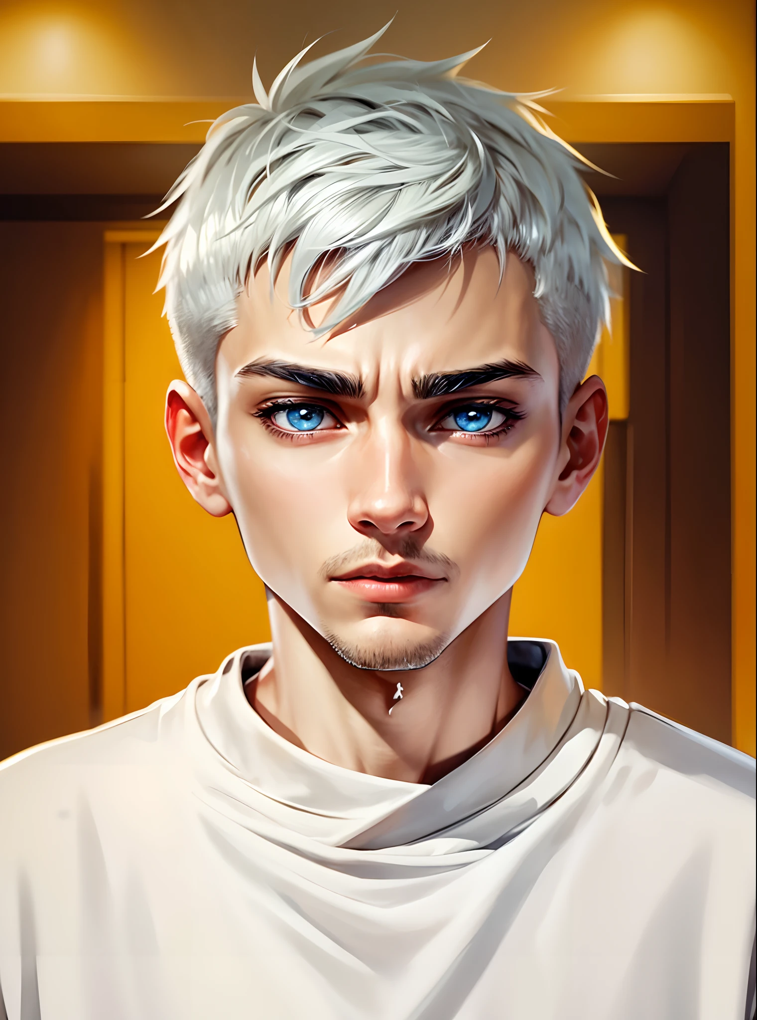 Copy
A man with an amazed expression, wearing a sweatshirt with his short platinum hair, all white backdrop, anime art style, focusing on your face