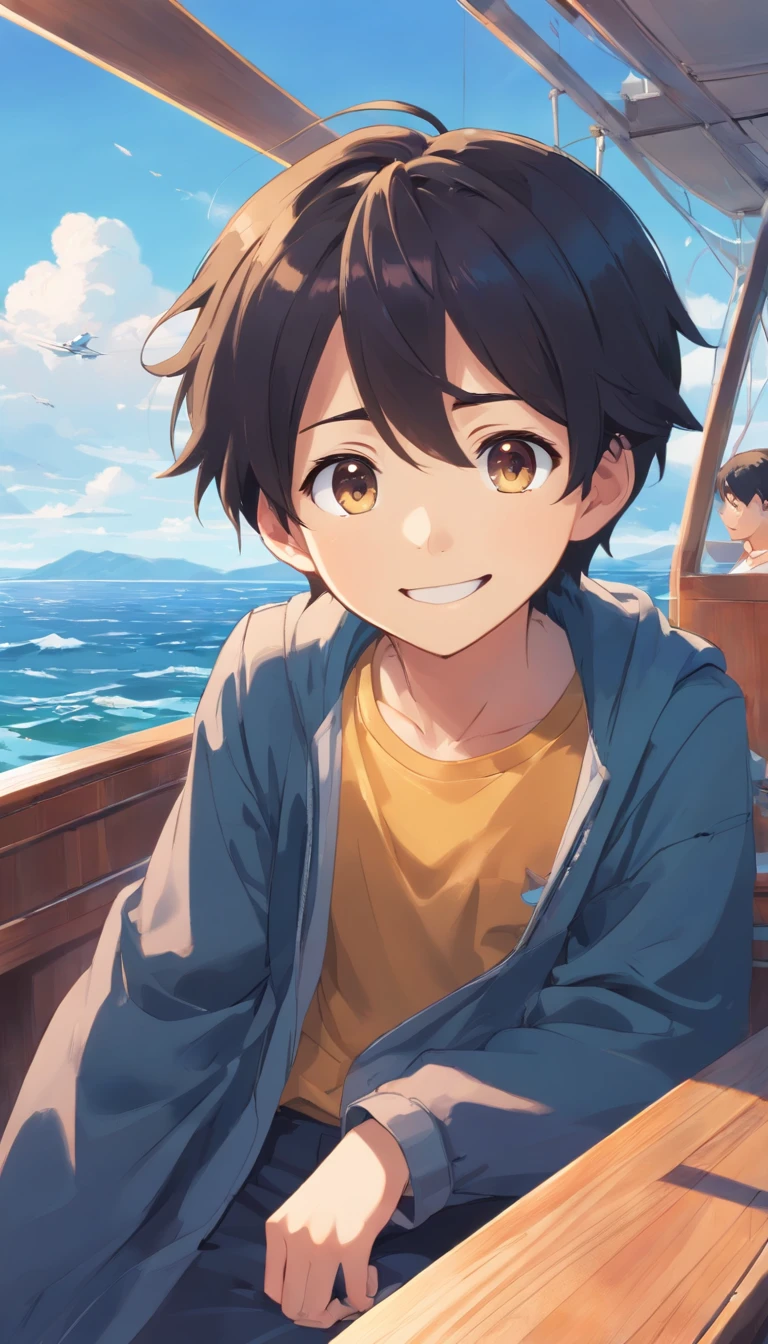 primary school5Grade Boy, Fun eyes, a smile, 发光,,Detailed face, Black hair、Boat ride