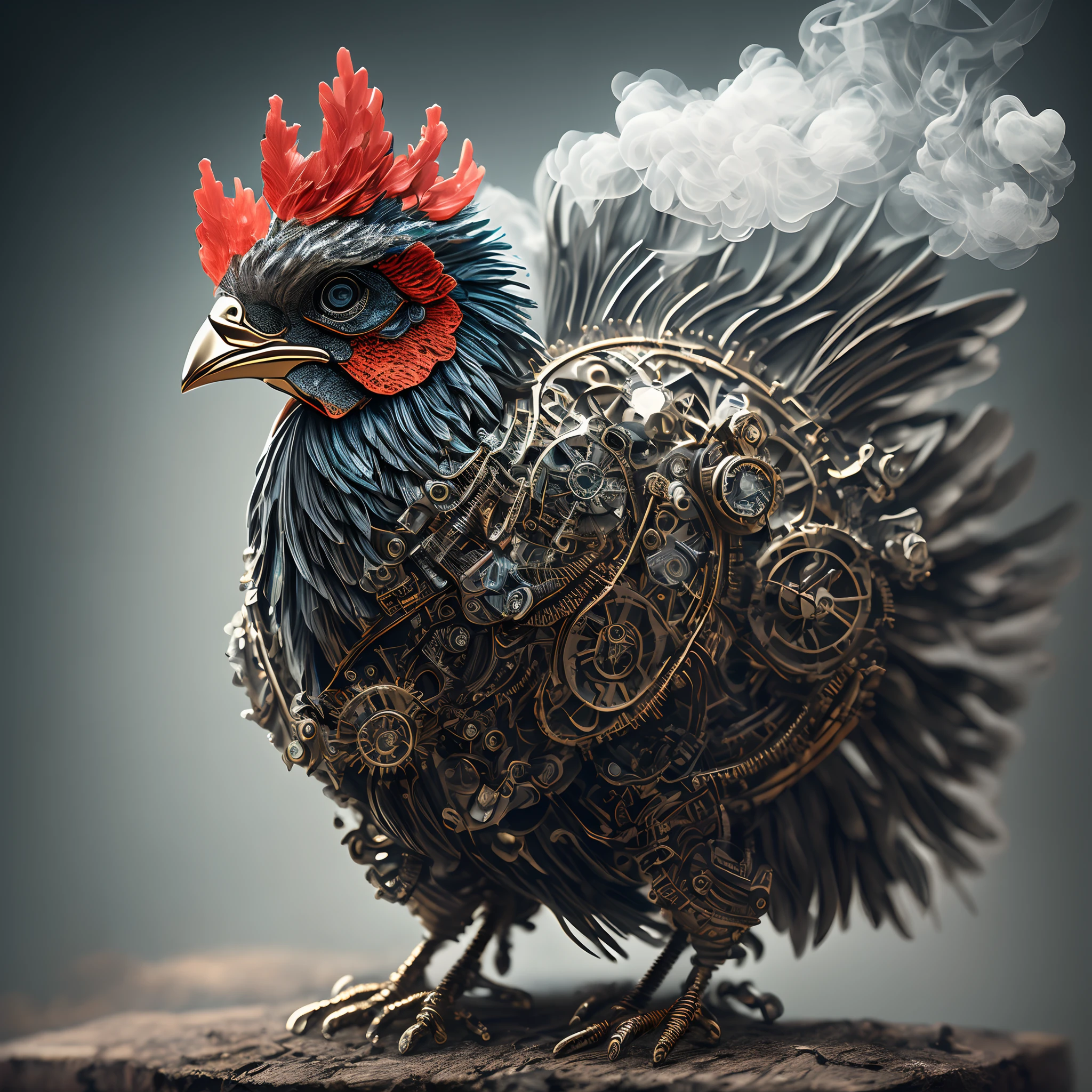 (8K, 16K, Award Winning, Top Quality, High Resolution, Super Detailed, Anatomically Correct, Mastepiece, Photorealistic), Portraits of Famous Photographers, (1 Mechanical Rooster: 1.4), Solo, Chicken Alarm Clock, Rooster Crown, (Rooster Chest with Embedded Alarm Clock: 1.3), Metal Parts, Fine Detail Parts, Metal Reflections, Mechanical Structure, Metal Wings, Built-in Speaker, Biological Reactions, Biology, Digital clock, eyes are lights, standing on wooden roof, gears, bolts, screws, cyberpunk, polished parts, frosted, cgsociety, (beautiful: 1.2), dreamlikeart, ultra-detailed photo realism by Gregg Lutkowski, (film gray: 1), High Resolution, Sharp Focus, Contrast, Intricate Details, Air Glow, Refracted Lighting, Unreal Engine 5, Concept Photo, Octane Rendering, CGsociety Trends, Colored Smoke, Crazy Details, Steampunk Details, Intricate Details, Super detail,