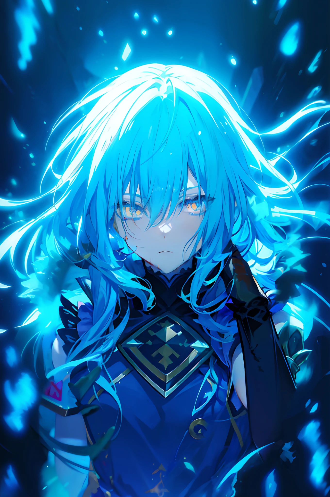 Hand behind hair, fix face outline, remove hair in front of body, blood on clothing