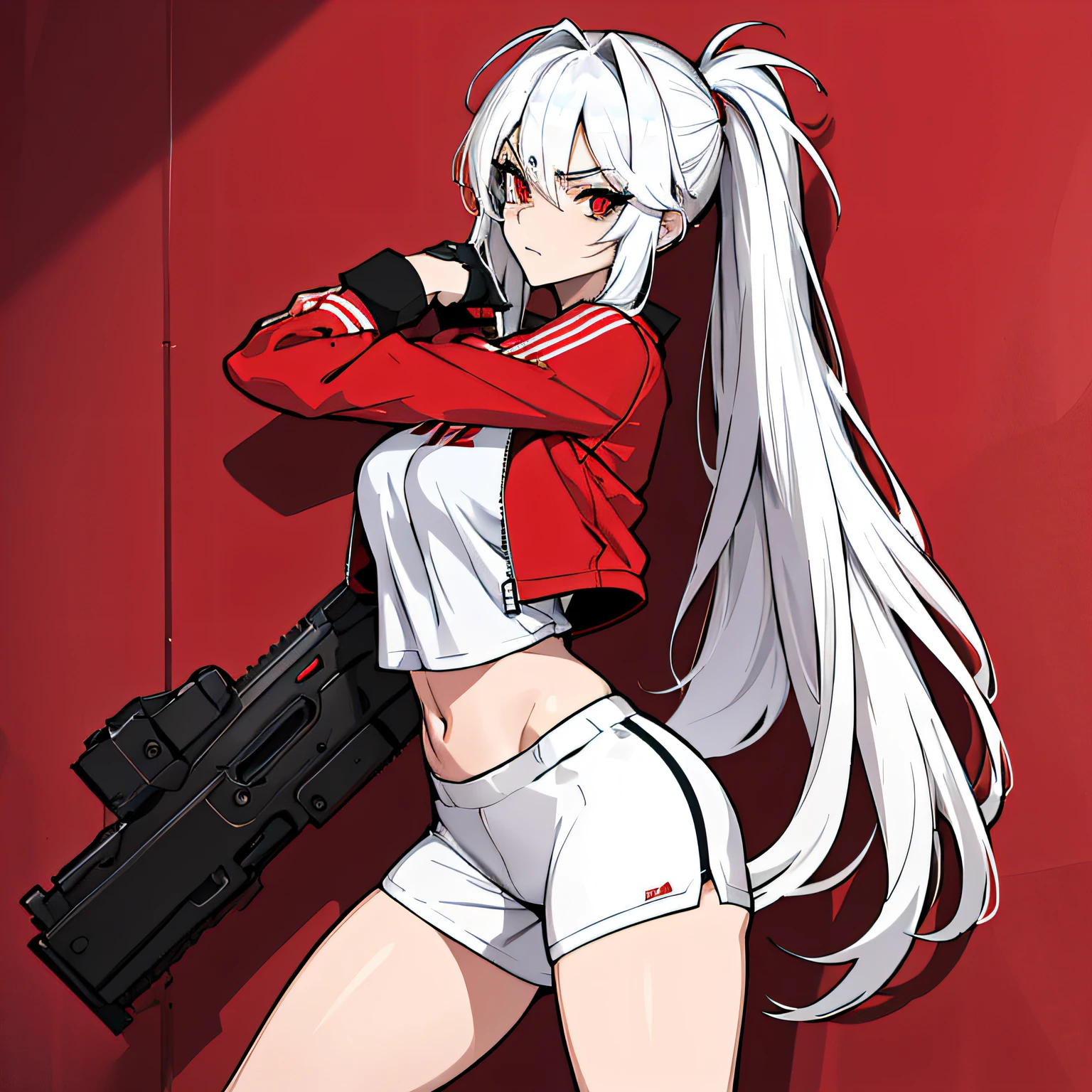 (absurdres, 8k, 4k, masterpiece, hyper extreme detailed:1.2), solo, 1girl, portrait, best quality, expressive eyes, perfect face, 1girl, portrait, solo, Female, mature female, adult, messy hair, white hair, medium bust, swept bangs, side bangs, messy hair, long hair, perfect anatomy, soldier, angry, annoyed, red eyes, looking forward, forward view, perfect eyes, scars, gloves, white graphic t-shirt, half body, perfect anatomy, athletic shoes, bedroom background, leaning against wall, adult, mature woman, standing, leaning back, perfect face, cowboyshot, red jacket,
