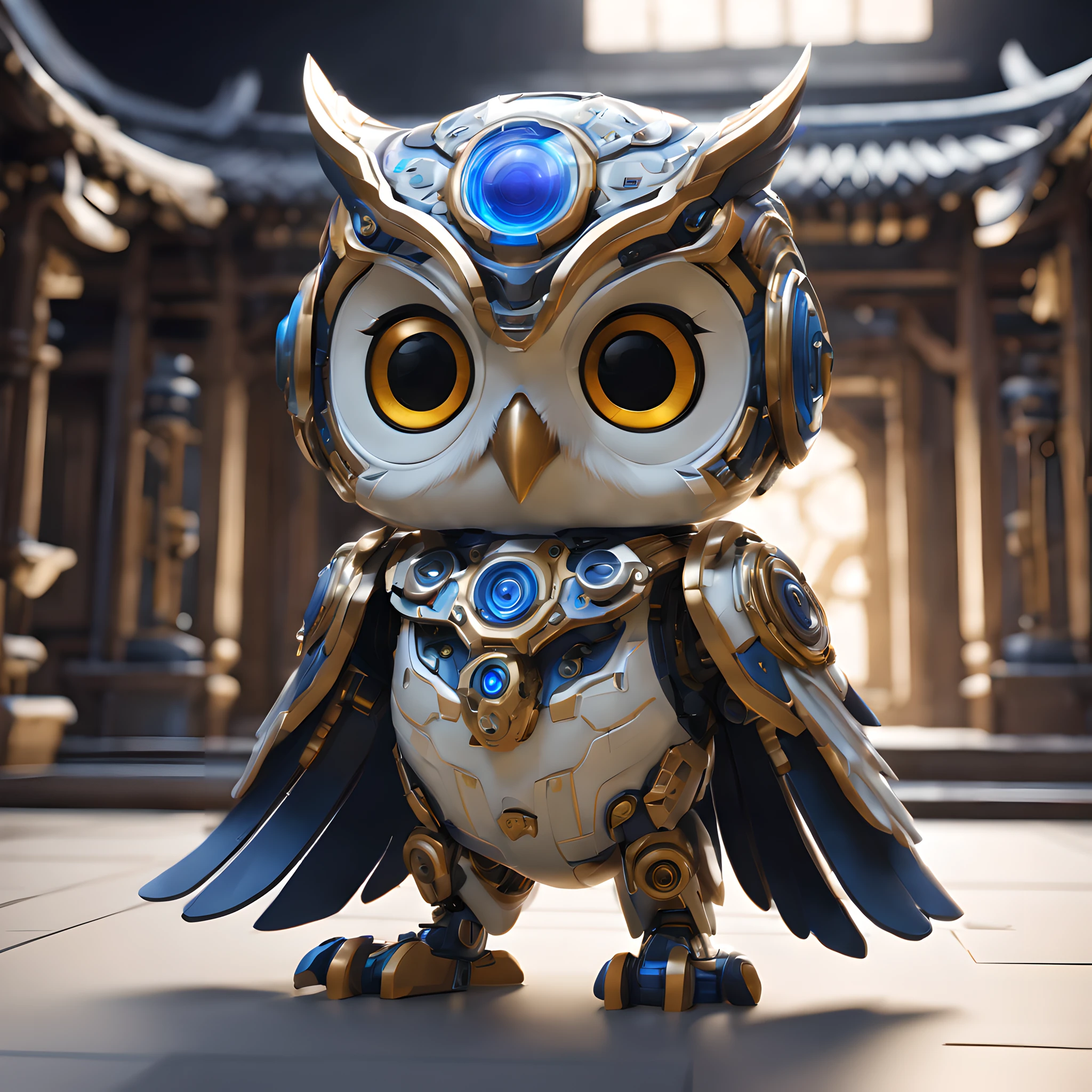 1 Cyborg Owl、Solo, chibi emote, Chibi Character, Mechanical body, 3d rendered, Photon mapping, Hyper Sharp, ultra-detailliert, Oriental Royal Roof、