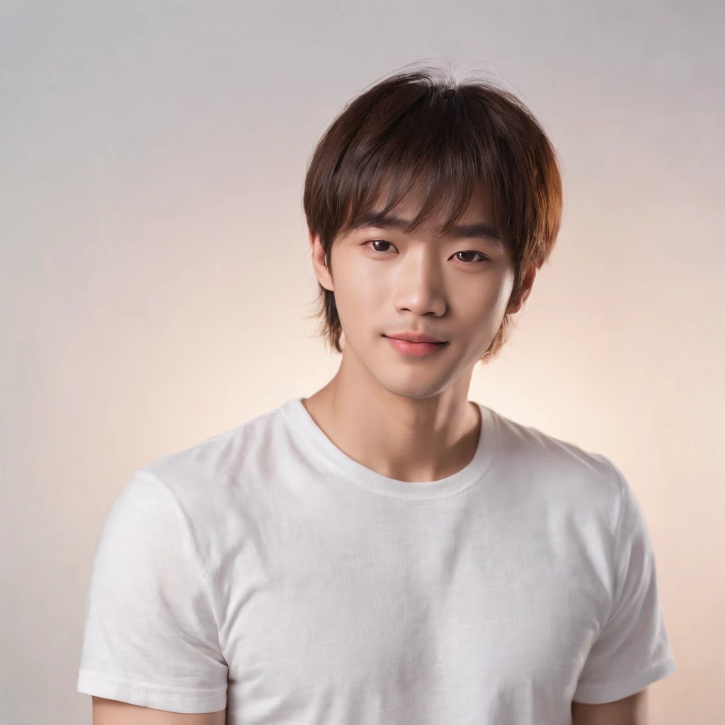 (Photo: 1.3) af (realistic: 1.3), East Asian man, ((Medium long hair with bangs)),soft light, clear face, front, ((white T-shirt)), cheerful, warm light, ((gray-white gradient background)),(background)) ,avatar,(,handsome,young,((avatar))