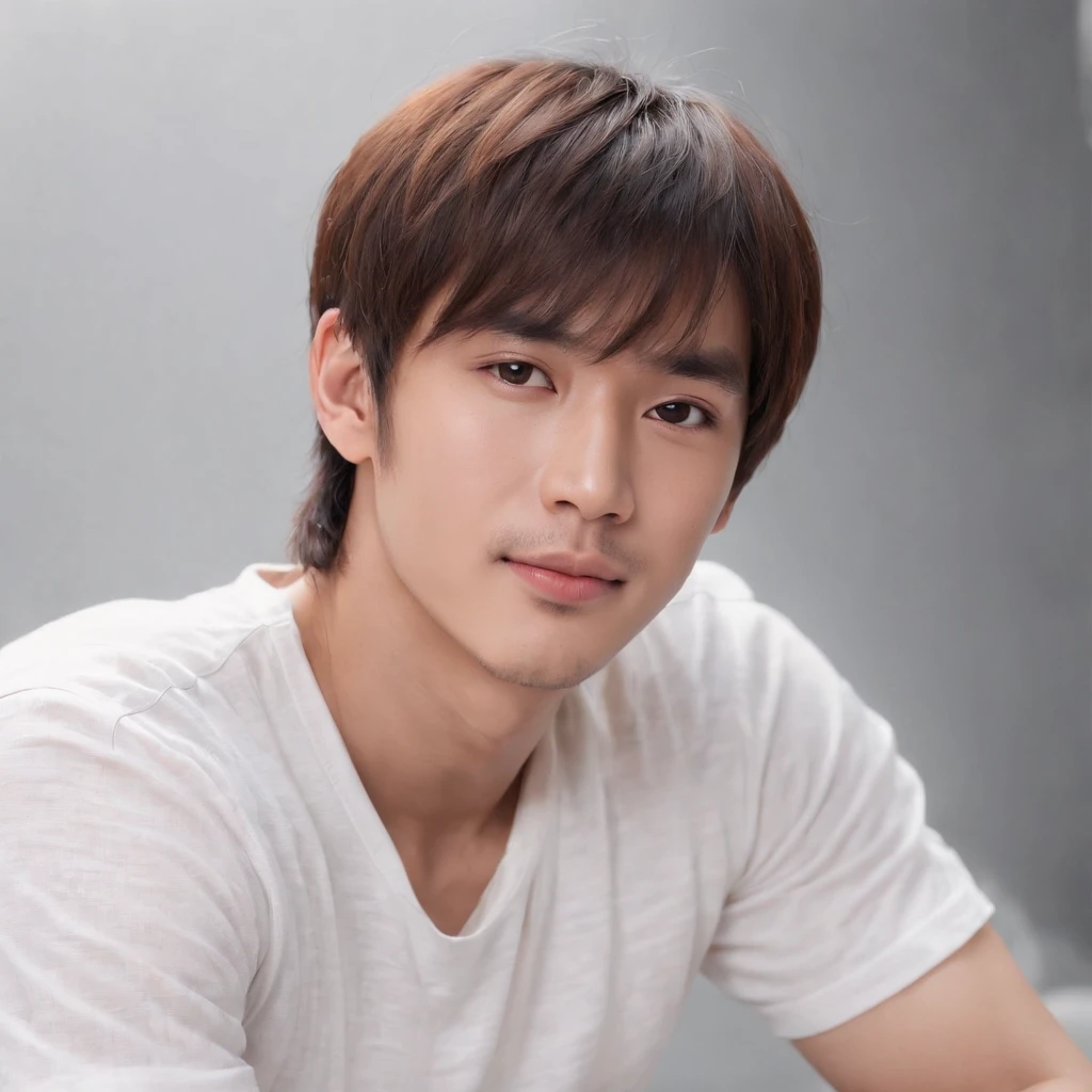 (Photo: 1.3) af (realistic: 1.3), East Asian man, ((Medium long hair with bangs)),soft light, clear face, front, ((white T-shirt)), cheerful, warm light, ((gray-white gradient background)),(background)) ,avatar,(,handsome,young,((avatar))