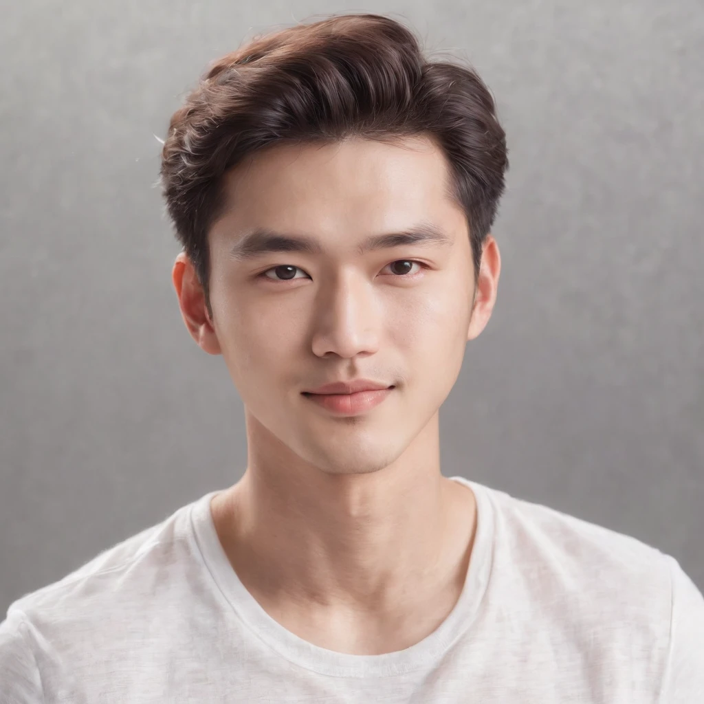 (Photo: 1.3) af (realistic: 1.3), East Asian man,curly_hair ,soft light, clear face, front, ((white T-shirt)), cheerful, warm light, ((gray-white gradient background)),(background)) ,avatar,(,handsome,young,((avatar))
