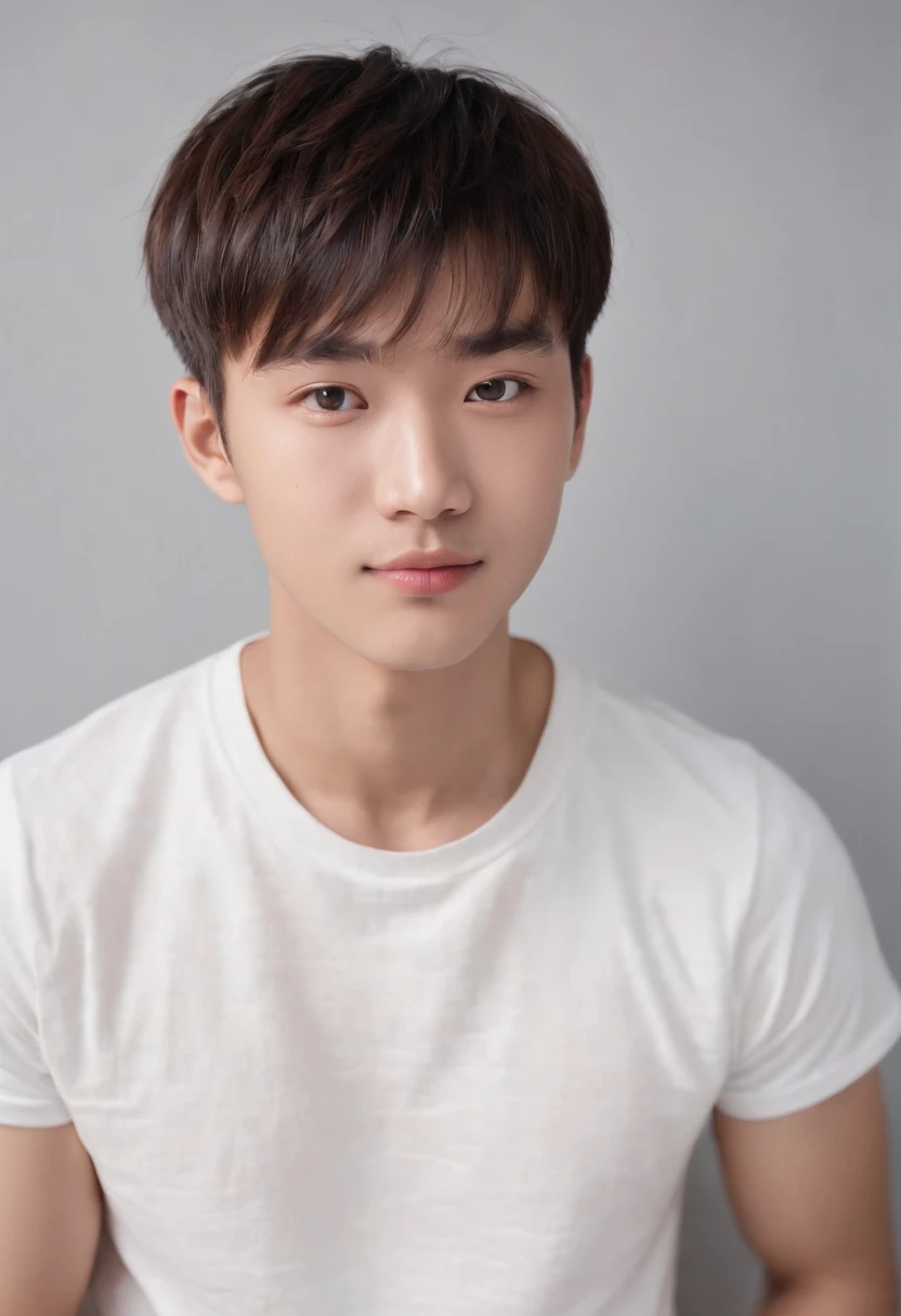 (Photo: 1.3) af (realistic: 1.3), East Asian man,bowl cut,soft light, clear face, front, ((white T-shirt)), cheerful, warm light, ((gray-white gradient background)),(background)) ,avatar,(,handsome,young,((avatar))