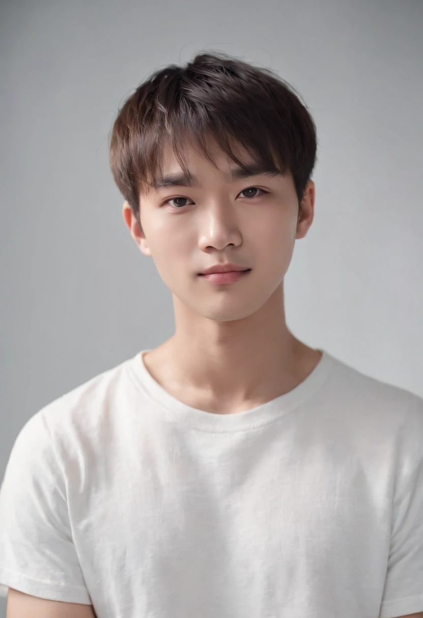 (Photo: 1.3) af (realistic: 1.3), East Asian man,bowl cut,soft light, clear face, front, ((white T-shirt)), cheerful, warm light, ((gray-white gradient background)),(background)) ,avatar,(,handsome,young,((avatar))