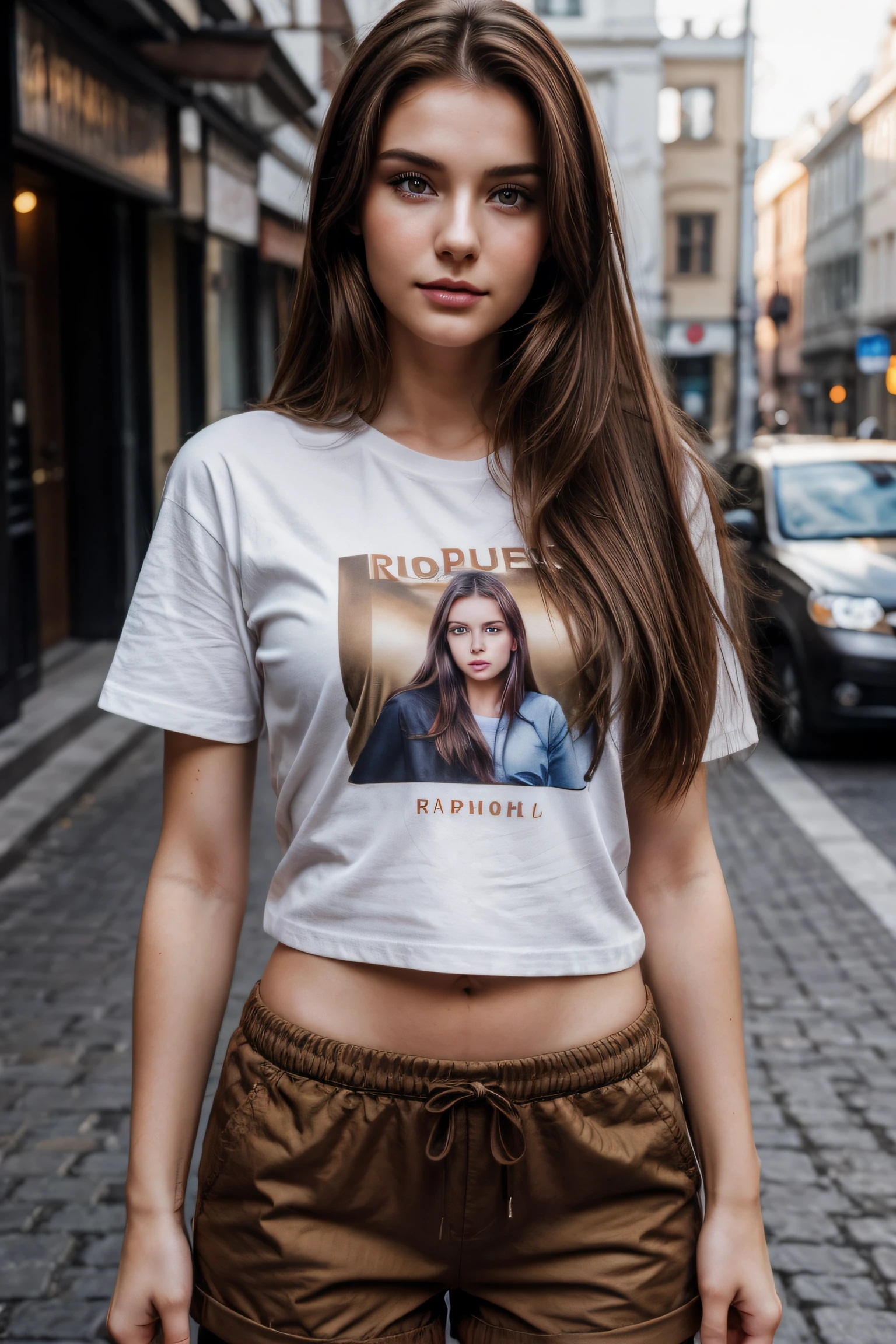 Portrait of 25yo woman, brown hair, wearing T-Shirt and short pant, perfect eyebrow, perfect lips, perfect nose, professional color graded, wonderful woman, cute russian woman, sharp focus, long hair, street view, natural skin sharp features, model, full body image, looking in camera, natural skin sharp feature