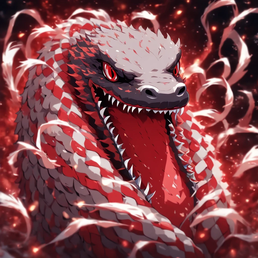 Eel covered in red and white jagged fur with long white ribbons, dog-like muzzle, masterpiece, best quality