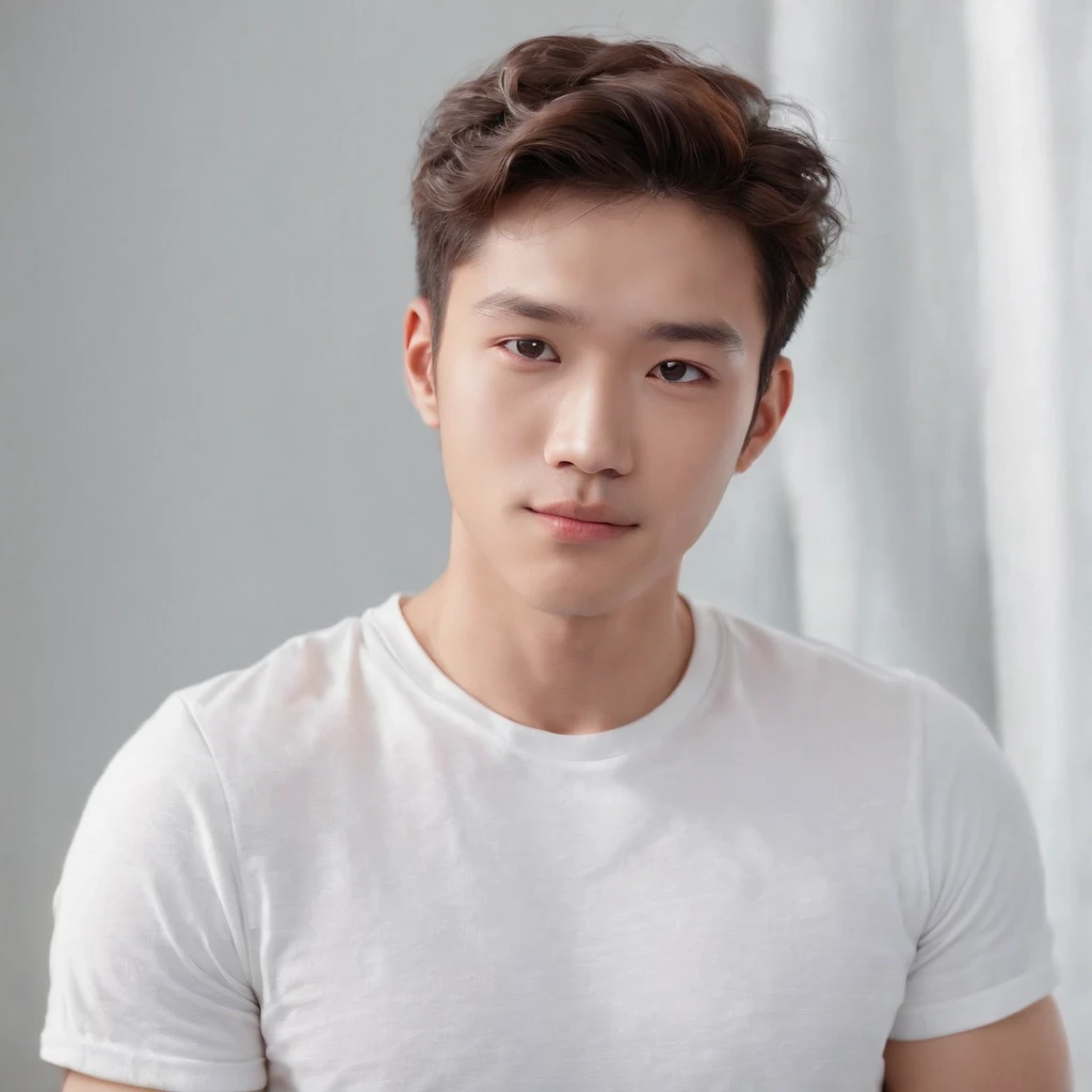 (Photo: 1.3) af (realistic: 1.3), East Asian man,curly_hair ,soft light, clear face, front, ((white T-shirt)), cheerful, warm light, ((gray-white gradient background)),(background)) ,avatar,(,handsome,young,((avatar))