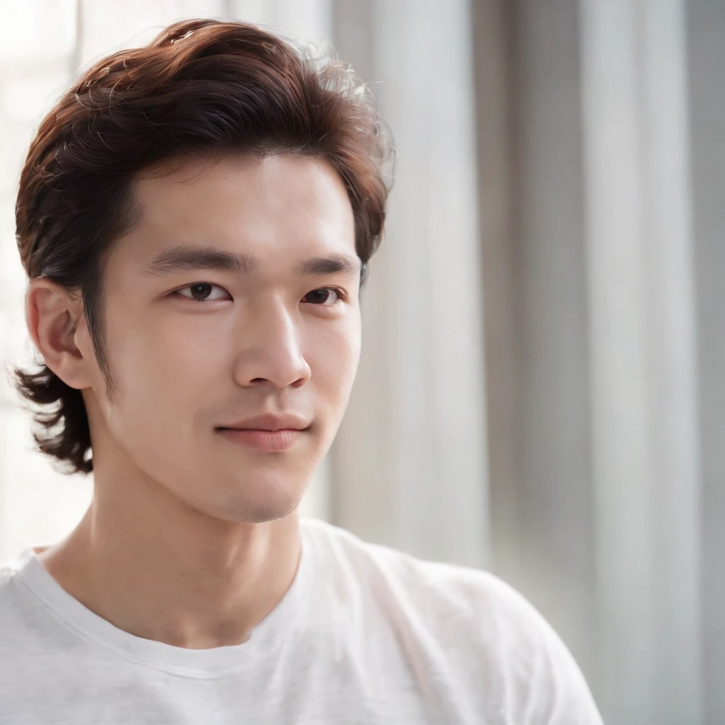 (Photo: 1.3) af (realistic: 1.3), East Asian man,curly_hair ,soft light, clear face, front, ((white T-shirt)), cheerful, warm light, ((gray-white gradient background)),(background)) ,avatar,(,handsome,young,((avatar))