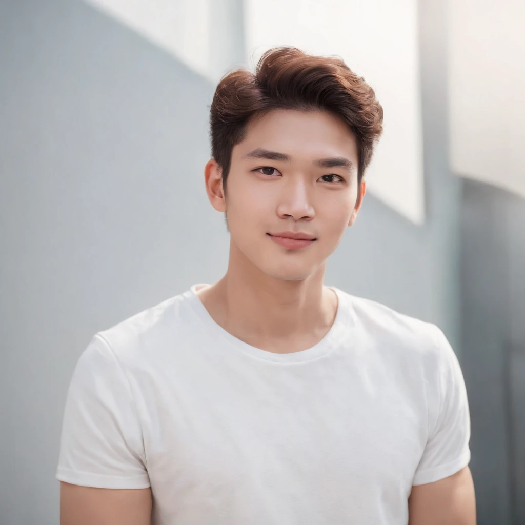 (Photo: 1.3) af (realistic: 1.3), East Asian man,curly_hair ,soft light, clear face, front, ((white T-shirt)), cheerful, warm light, ((gray-white gradient background)),(background)) ,avatar,(,handsome,young,((avatar))