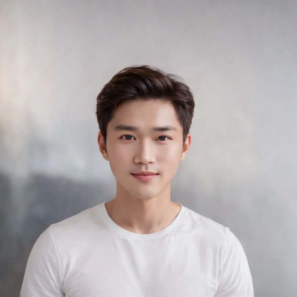 (Photo: 1.3) af (realistic: 1.3), East Asian man,curly_hair ,soft light, clear face, front, ((white T-shirt)), cheerful, warm light, ((gray-white gradient background)),(background)) ,avatar,(,handsome,young,((avatar))