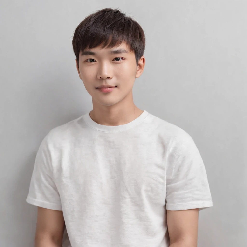 (Photo: 1.3) af (realistic: 1.3), East Asian man,bowl cut,soft light, clear face, front, ((white T-shirt)), cheerful, warm light, ((gray-white gradient background)),(background)) ,avatar,(,handsome,young,((avatar))