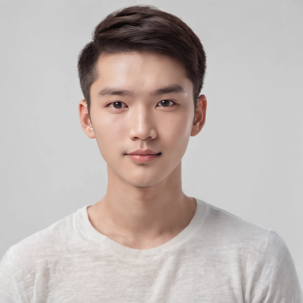 (Photo: 1.3) af (realistic: 1.3), East Asian man,bowl cut,soft light, clear face, front, ((white T-shirt)), cheerful, warm light, ((gray-white gradient background)),(background)) ,avatar,(,handsome,young,((avatar))