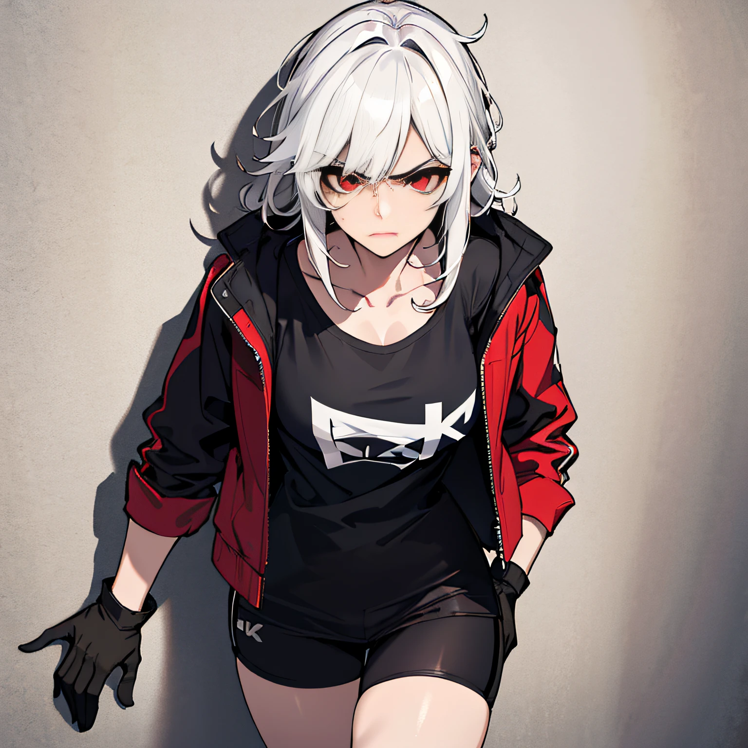 (absurdres, 8k, 4k, masterpiece, hyper extreme detailed:1.2), solo, 1girl, portrait, best quality, expressive eyes, perfect face, 1girl, portrait, solo, Female, mature female, adult, messy hair, white hair, medium bust, swept bangs, side bangs, messy hair, long hair, perfect anatomy, soldier, angry, annoyed, red eyes, looking forward, forward view, perfect eyes, scars, gloves, white graphic t-shirt, half body, perfect anatomy, athletic shoes, bedroom background, leaning against wall, adult, mature woman, standing, leaning back, perfect face, cowboyshot, red jacket,