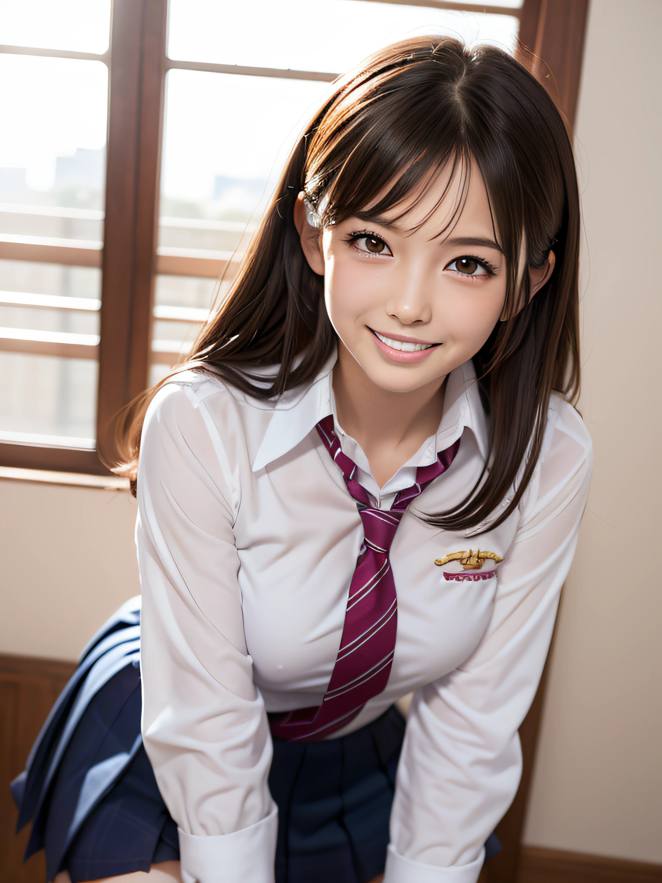 ((masutepiece)),((Best Quality)),absurderes,, 1girl in,  crouching cowgirl, POV, School uniform, Exposed panties, , (crass room:1.1), Sunlight, ,  (Half-closed eyes:0.4), (Parted lips:1.4), (nose blush:1.2), lightsmile, (Nervous),