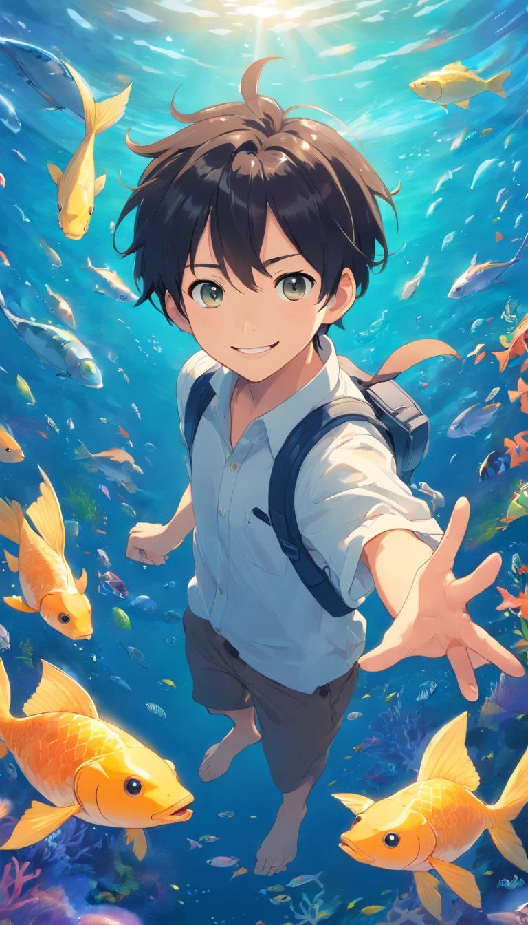 primary school５Grade Boy, Fun eyes, a smile, 发光,,Detailed face, Black hair、Under the sea、Colorful fish