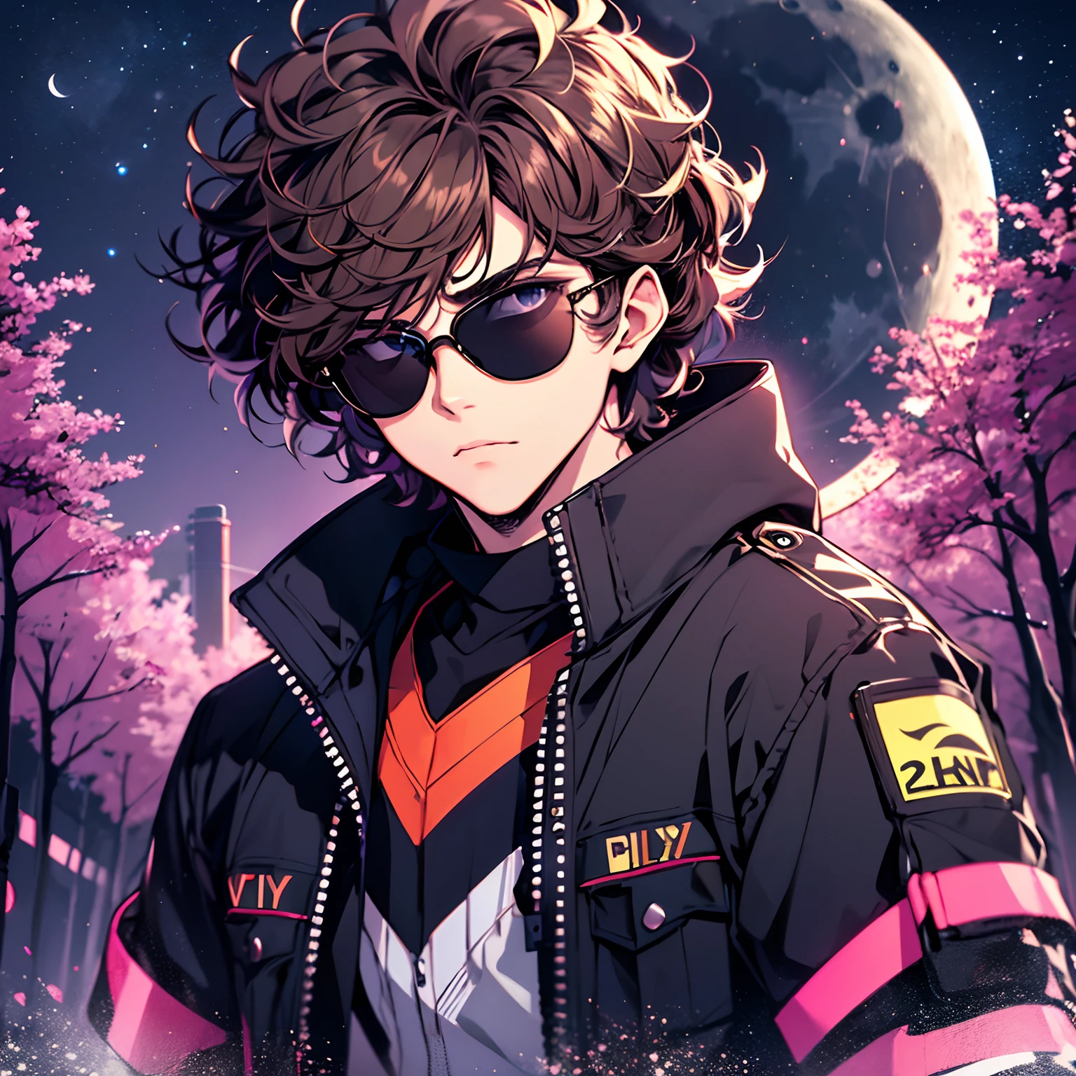 young boy, curly hair, dark brown hair, short hair, messy hair, ((sunglasses)), black aviator jacket with purple details, night forest background with the moon in the sky, ((navy neon color moon)), ((high quality)),((4k)), ((artwork))