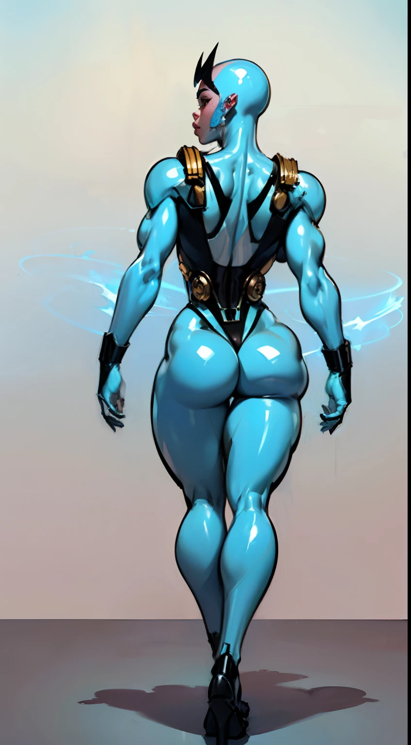 ((Radiant Aura:1.7)), 8k ((back view:1.7))((gigantic thighs:1.8)) (gigantic ass:1.4),(large eyes:1.3), defined cheekbones, looking back, ((the pit style:1.4))((sleek chrome bodysuit:1.6)) ((zentai bodysuit:1.6)), ((visor))((intricate metal details:1.4))detailed face:1.5), lightblue skin,(puffy lips:1.5) (lightblue skin:1.6), (bald woman:1.7), (skinhead) ((sexy pose)),(Muscular:1.3), ((gigantic breasts:1.5)), )highly detailed, majestic, digital photography, art by artgerm and ruan jia and greg rutkowski, ((metal shoulder pads:1.2)), (masterpiece), sidelighting, intricate details, black and blue color palette