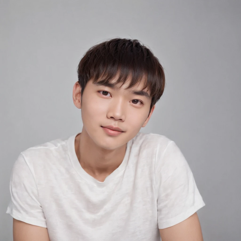 (Photo: 1.3) af (realistic: 1.3), East Asian man,bowl cut,soft light, clear face, front, ((white T-shirt)), cheerful, warm light, ((gray-white gradient background)),(background)) ,avatar,(,handsome,young,((avatar))