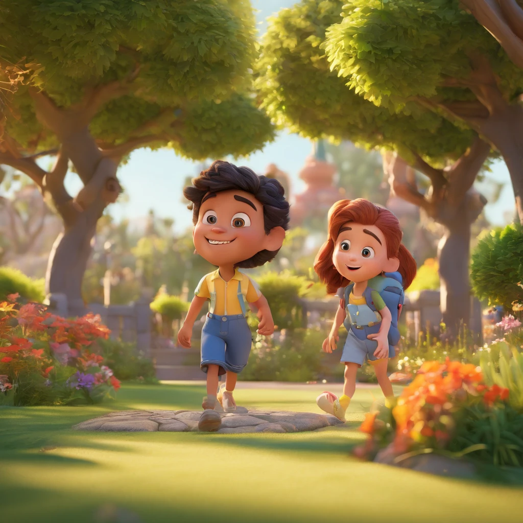 Create a cartoon scene à la Disney-Pixar, Where three children, Daniel, Sara (loira) e Alex (negro), todas com 7 anos de idade, are interacting and talking in a park."