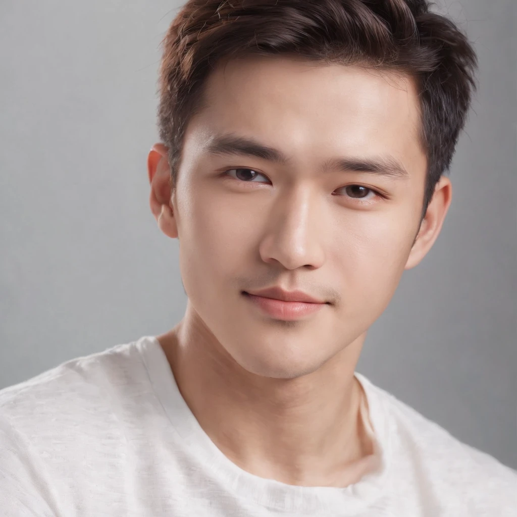 (Photo: 1.3) af (realistic: 1.3), East Asian man,curly_hair ,soft light, clear face, front, ((white T-shirt)), cheerful, warm light, ((gray-white gradient background)),(background)) ,avatar,(,handsome,young,((avatar))