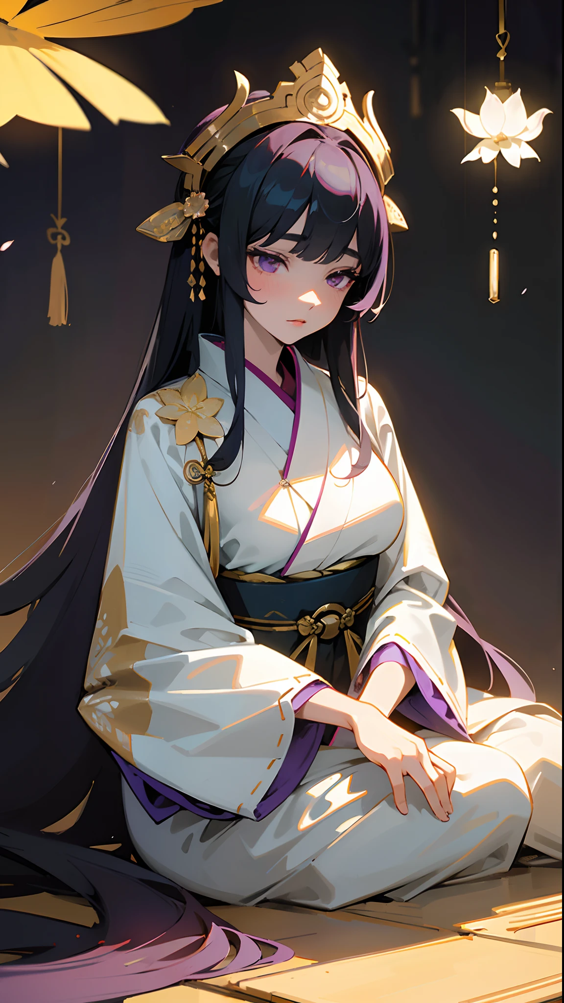 (masterpiece, best quality:1.3),beautiful detailed glow,best illuminate,(((best quality,textile shading,ultra detailed))),extremely detailed CG unity 8k wallpaper,Highly Detailed beautiful and aesthetic,best light,high resolution,detailed,dynamic lighting , 1Character , pastel washed out colors , cell shade , soft, muted shades ,gentle colors ,
She wears a pristine white kimono with a fitted bodice, adorned with intricate gold and silver embroidery depicting lotus flowers, cherry blossoms, and ancient symbols , The kimono's sleeves are gracefully long, extending to the floor, Over the kimono, she drapes a deep crimson haori with intricate patterns and a high collar, flowing hakama pants in a deep indigo hue, decorated with gold and silver lotus motifs along the hems,
Stunning woman , extremely long hair , black hair , bangs , straight her , purple eyes , heavy eyeliner , peach lipstick, large chest , age 31