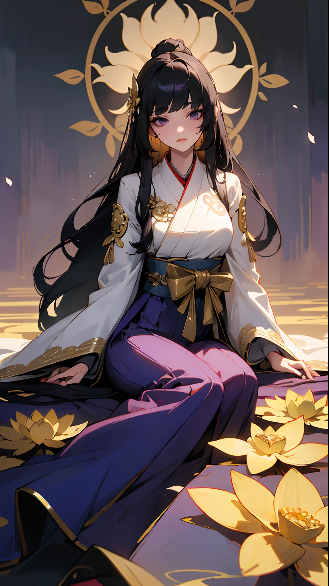 (masterpiece, best quality:1.3),beautiful detailed glow,best illuminate,(((best quality,textile shading,ultra detailed))),extremely detailed CG unity 8k wallpaper,Highly Detailed beautiful and aesthetic,best light,high resolution,detailed,dynamic lighting , 1Character , pastel washed out colors , cell shade , soft, muted shades ,gentle colors ,
She wears a pristine white kimono with a fitted bodice, adorned with intricate gold and silver embroidery depicting lotus flowers, cherry blossoms, and ancient symbols , The kimono's sleeves are gracefully long, extending to the floor, Over the kimono, she drapes a deep crimson haori with intricate patterns and a high collar, flowing hakama pants in a deep indigo hue, decorated with gold and silver lotus motifs along the hems,
Stunning woman , extremely long hair , black hair , bangs , straight her , purple eyes , heavy eyeliner , peach lipstick, large chest , age 31