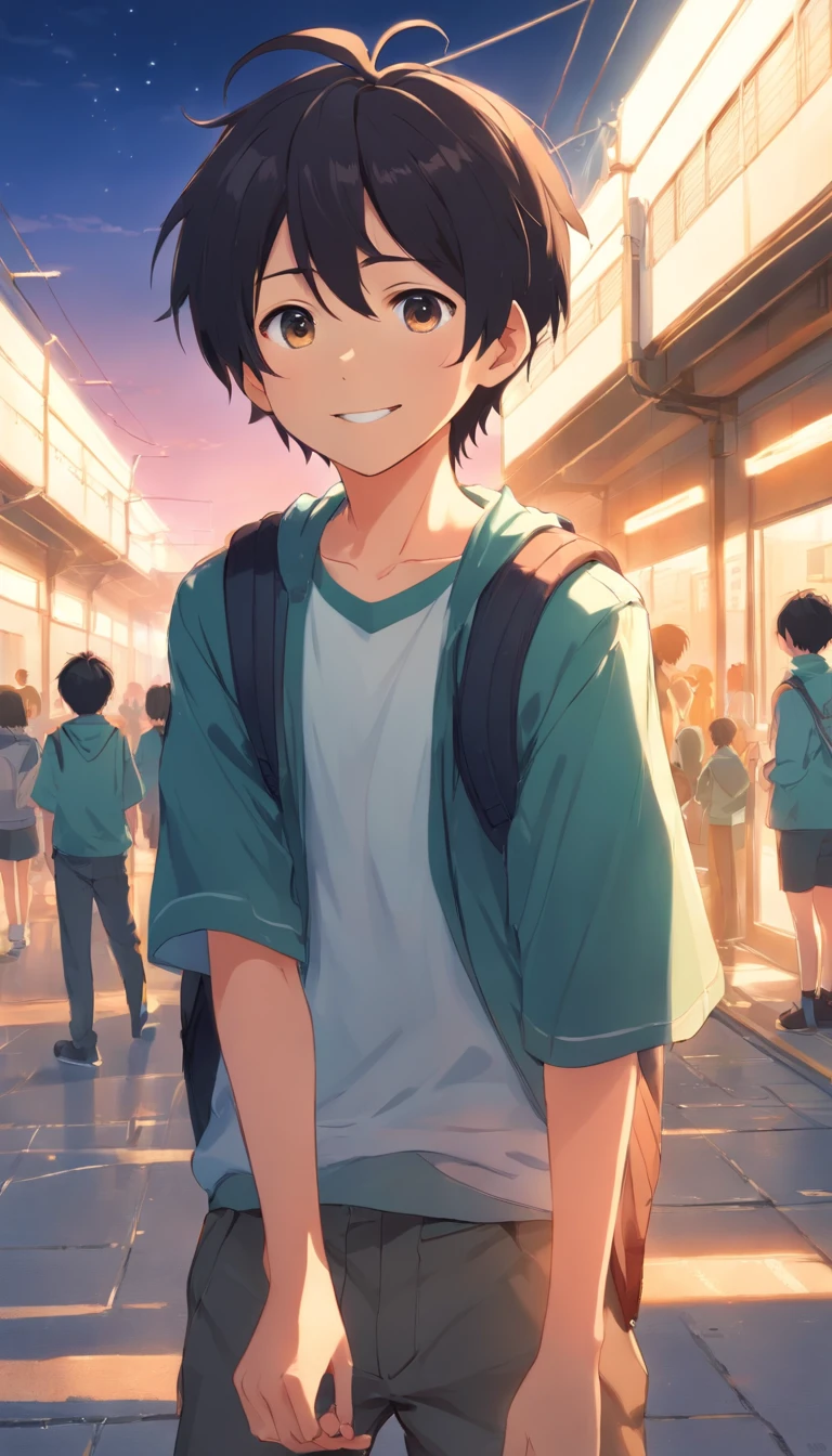 primary school５Grade Boy, Fun eyes, a smile, 发光,,Detailed face, Black hair、Rear view