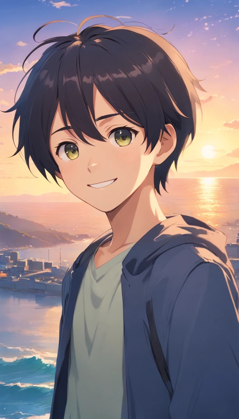primary school5Grade Boy, Fun eyes, a smile, 发光,,Detailed face, Black hair、Rear view