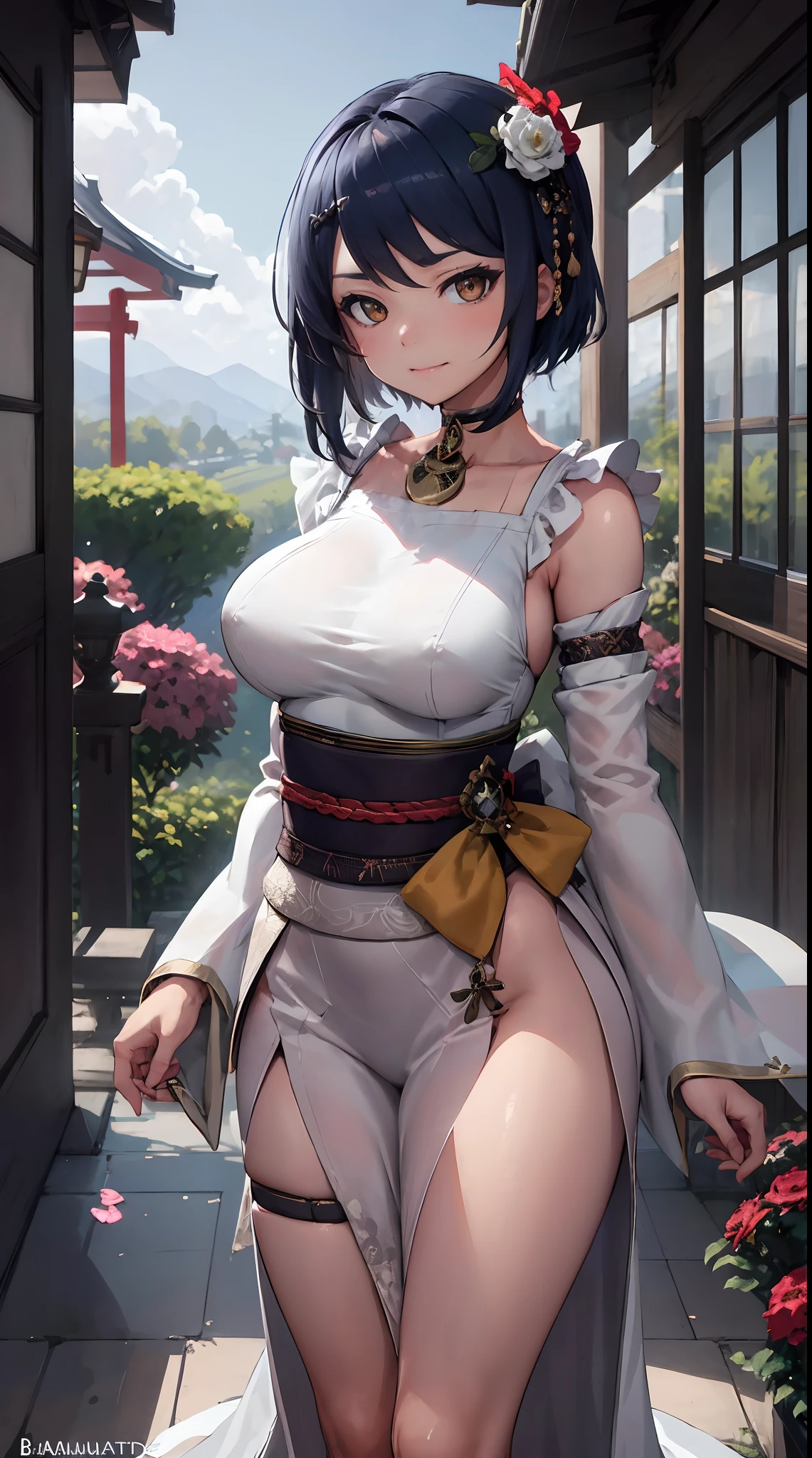 Kujou Sara| genshin impact, master-piece, bestquality, 1girls,25 years old, proportional body, proportional., Wedding Dresses, White Wedding Dress, Long skirt, Big skirt, mediuml breasts, ,bara, choker, Standing in the middle of a flower garden, outdoor, The sky is beautiful, In Japanese shrines, Japanese Wedding Ceremony, arm behind back, View viewers from the front., Thigh strap, Head tilt, bored, HD, slight smile,