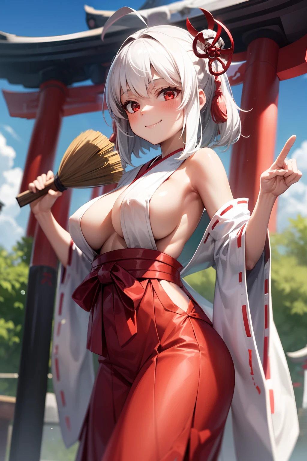 1girl,white hair,long hiar,red eyes, breasts,Shinto Shrine,shrine maiden,red hakama , white haori ,standing,broom,smile,sideboob,from front
