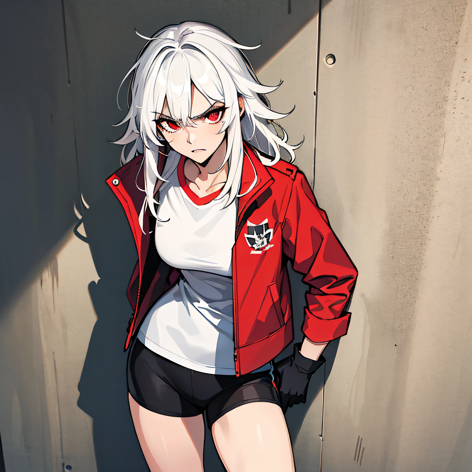 sovetsky_Soyuz, grey hair, long hair, cropped jaket, hoodie over shirt, red armband, torn black jeans, choker, large breasts, first rate breasts, grey eyes, detailed eyes, good eyes, sharp eyes, Long eyelashes, eye shadow, ominous vibe, expressionless, stoic, relaxing, Ultra quality, UHD, high detail, anime aesthetic, Anime screenshot, Ultra quality, UHD, high detail. Abstract red background, standing, hands in pocket