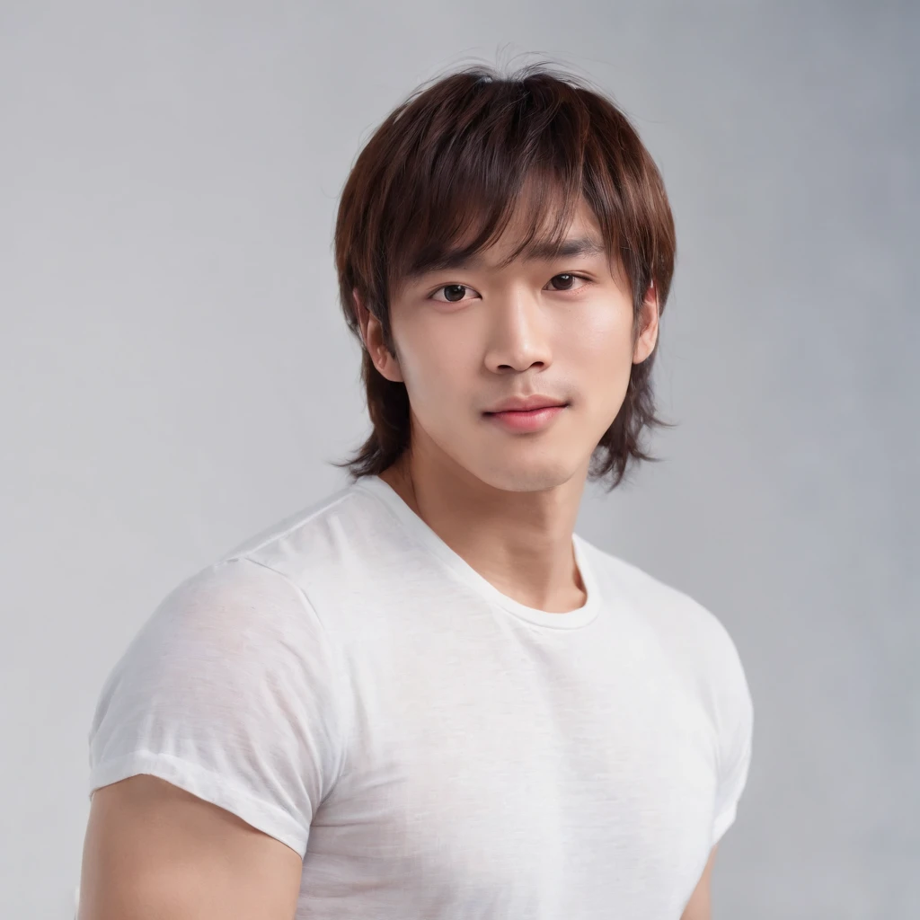 (Photo: 1.3) af (realistic: 1.3), East Asian man, ((Medium long hair with bangs)),soft light, clear face, front, ((white T-shirt)), cheerful, warm light, ((gray-white gradient background)),(background)) ,avatar,(,handsome,young,((avatar))