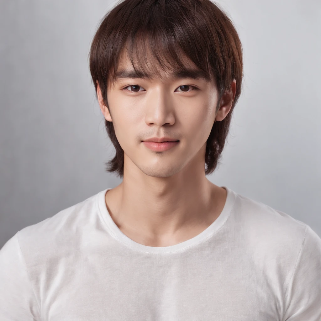 (Photo: 1.3) af (realistic: 1.3), East Asian man, ((Medium long hair with bangs)),soft light, clear face, front, ((white T-shirt)), cheerful, warm light, ((gray-white gradient background)),(background)) ,avatar,(,handsome,young,((avatar))