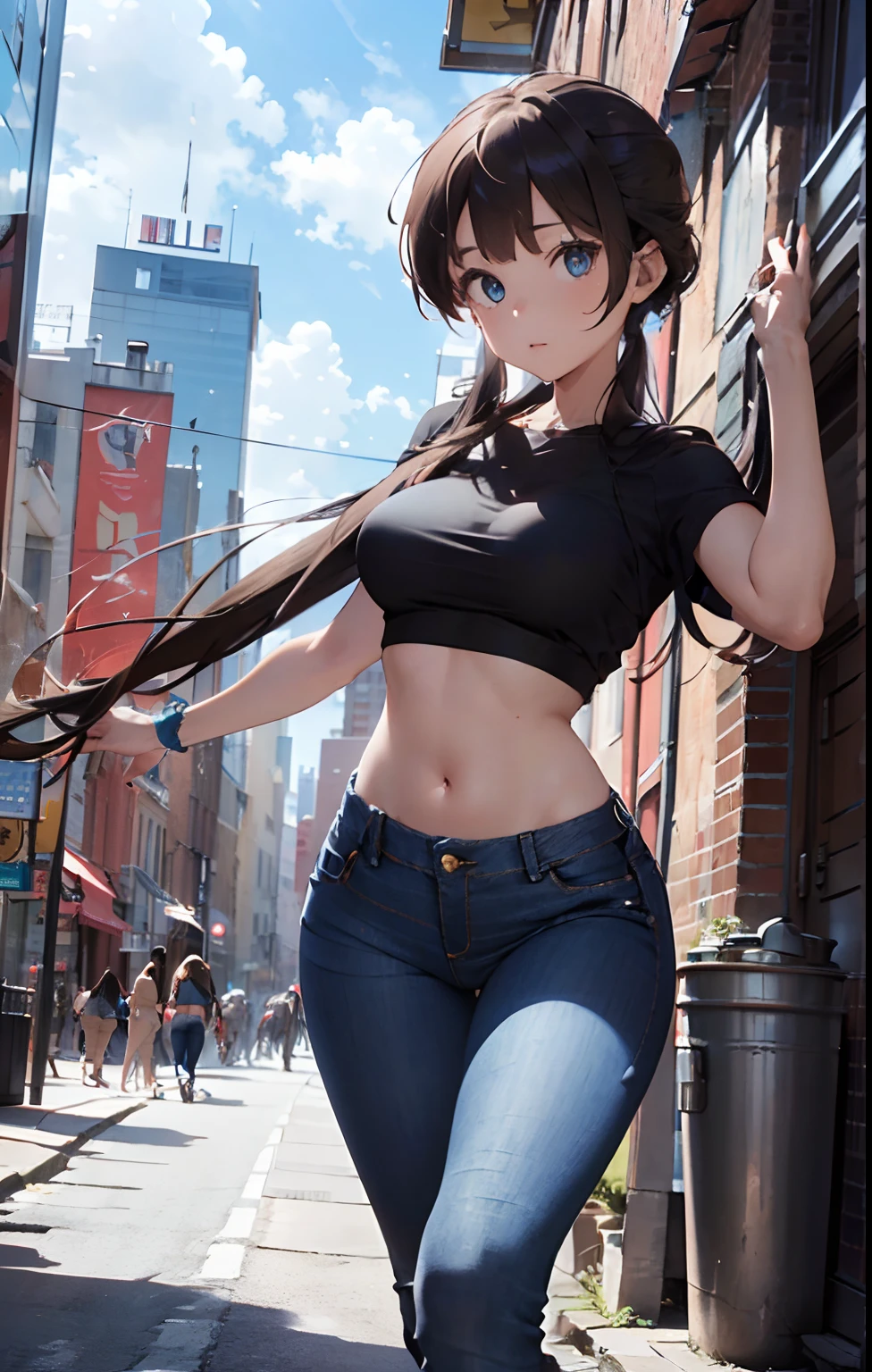 masterpiece, extremery magnificent view, perspective, extremery best quality, extremery detailed CG, 8k wallpaper, high resolution, highly detailed face, highly detailed eyes, perfect anatomy, super detailed skin,
(dynamic angle, dynamic pose:1.2), outdoors, city street, (portrait, legs focus, full body shot), (beautiful face, beautiful eyes, beautiful legs:1.3), 
1 girl, solo, (black cropped top, blue jeans pants:1.3), sexy cropped top, (skinny jeans:1.3), medium breasts, brown hair, long hair, straight hair, open forehead, (black heels), blue eyes, short sleeves, (navel:0.8), skinny, slender, wide hips, thin waist