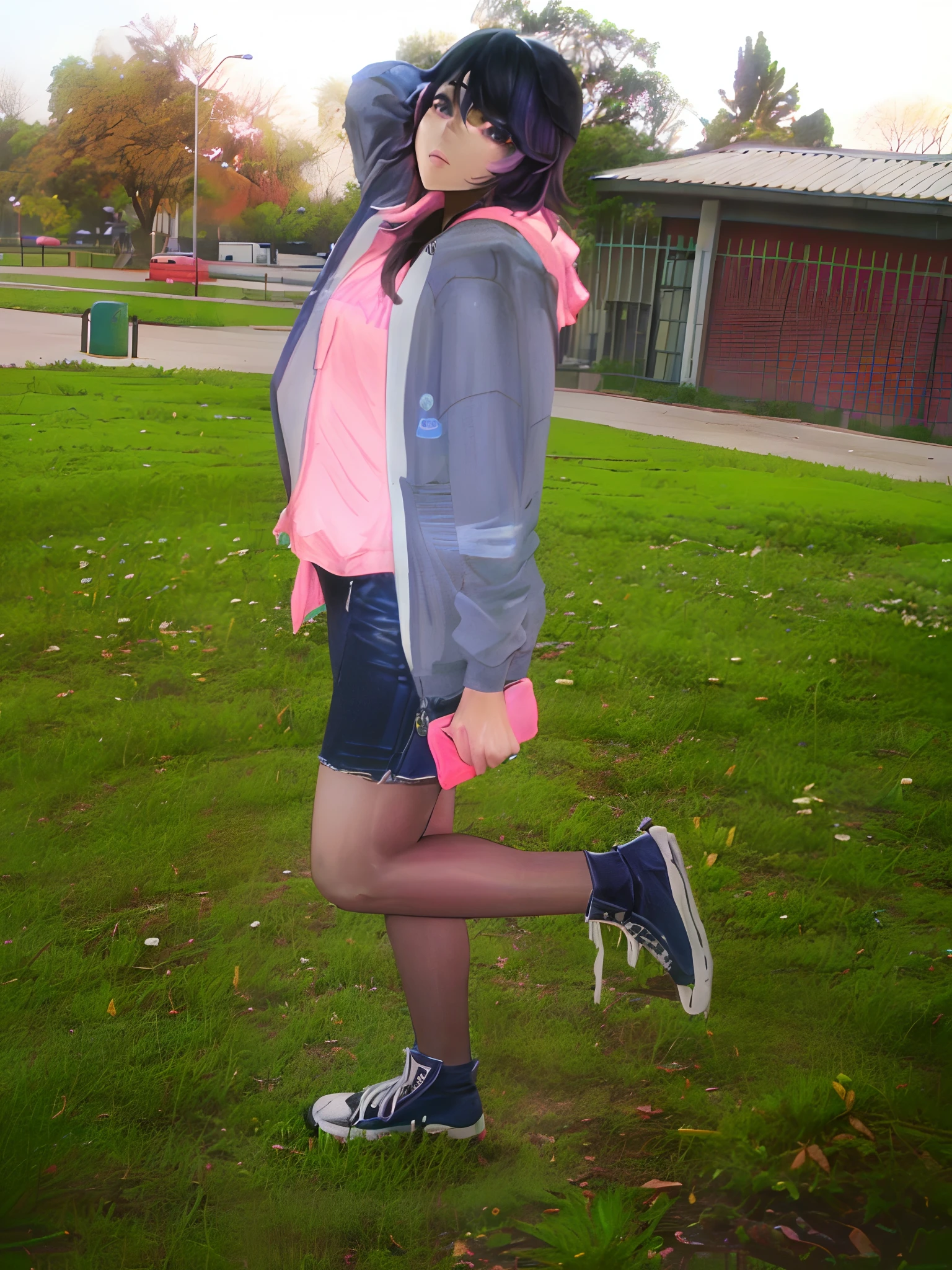 Mujer con sudadera con capucha rosa y pantalones cortos negros posando para una foto, wearing a neon blue hoodie, Posando!!, pose casual, foto del atuendo, con una sudadera con capucha rosa, con una sudadera con capucha rosa pastel, lleno_cuerpo!!, cuerpo completo:: Clima soleado::, ahhhhhhh, Neon style, Toma de cuerpo completo!!, !!!!!!!!!!!!!!!!!!!!!!!!!, En pie!!, en clima soleado