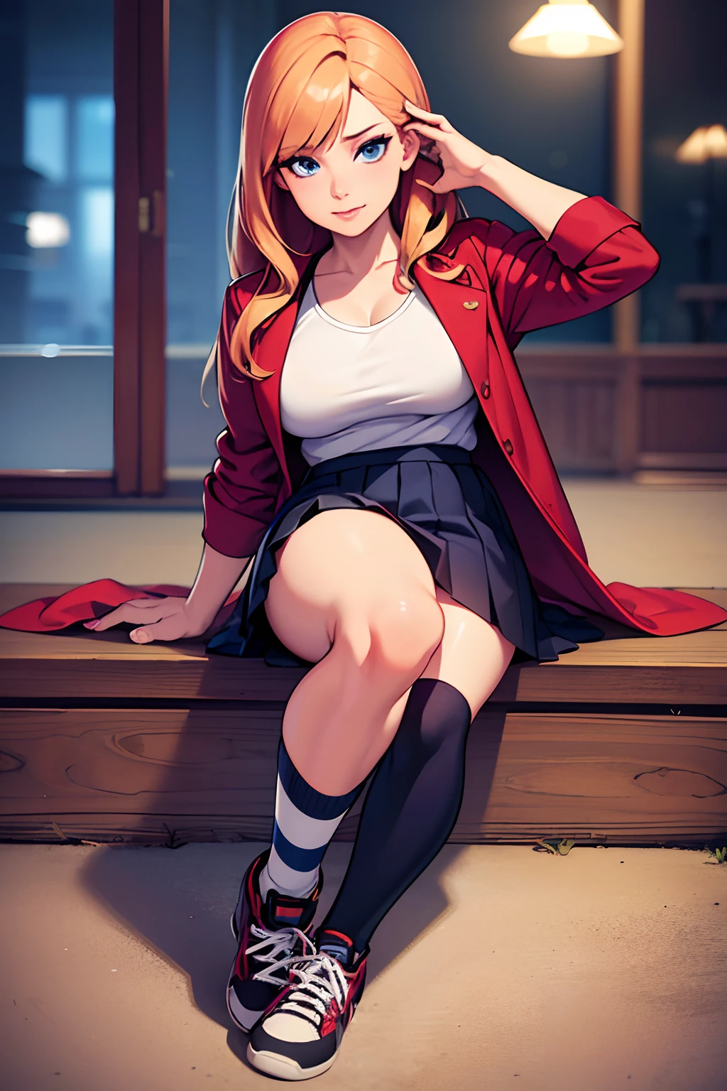 (best quality,4k,highres,masterpiece:1.2),ultra-detailed,(realistic,photorealistic,photo-realistic:1.37),HDR,UHD,studio lighting,ultra-fine painting,sharp focus,physically-based rendering,extreme detail description,professional,vivid colors,bokeh,beautiful young transgender woman,strawberry blonde hair,soft deep blue eyes,Japanese style jacket,pleated skirt,striped knee high socks,sneakers