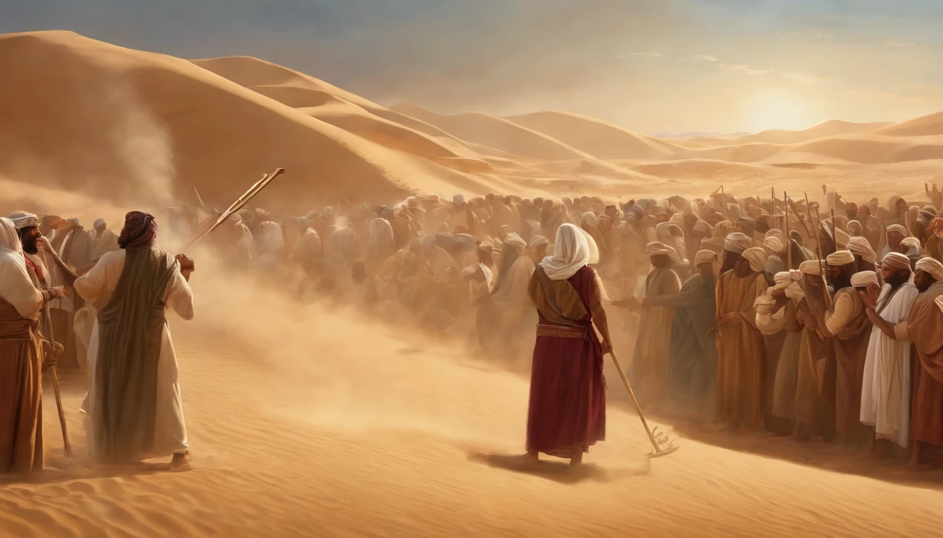 The Israelites Pitching Their Tabernacles in the Desert , With a lot of people, million ,Moses holding a staff ,desert, Old gowns,,History reference,High-quality artwork and details,Realistic portrait style,Subtle color palette,vibrant background,natural textures,Deep Shadows,Subtle highlights,Historical accuracy,meticulous attention to detail,Emotional depth and intensity,Authentic Representation,Thought-provoking,Spiritual atmosphere,A Sense of Ancient Wisdom,Profound impact