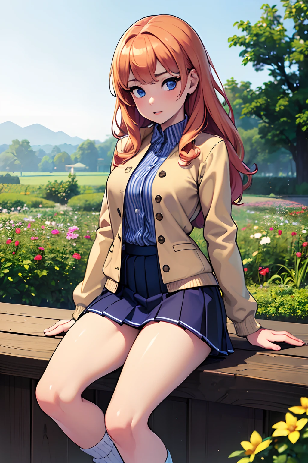 (best quality,4k,8k,highres,masterpiece:1.2),ultra-detailed,(realistic,photorealistic,photo-realistic:1.37),beautiful young transgender woman,strawberry blonde hair,deep blue eyes,(soft,gentle) eyes,Japanese-style jacket,pleated skirt,striped knee-high socks,sneakers,graceful and confident posture,peaceful garden background.