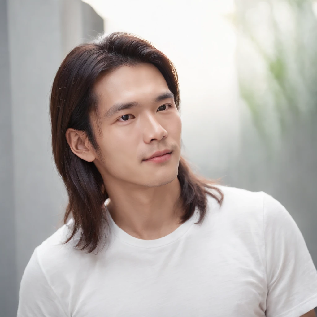 (Photo: 1.3) af (realistic: 1.3), East Asian man, (( long hair )),soft light, clear face, front, ((white T-shirt)), cheerful, warm light, ((gray-white gradient background)),(background)) ,avatar,(,handsome,young,((avatar))