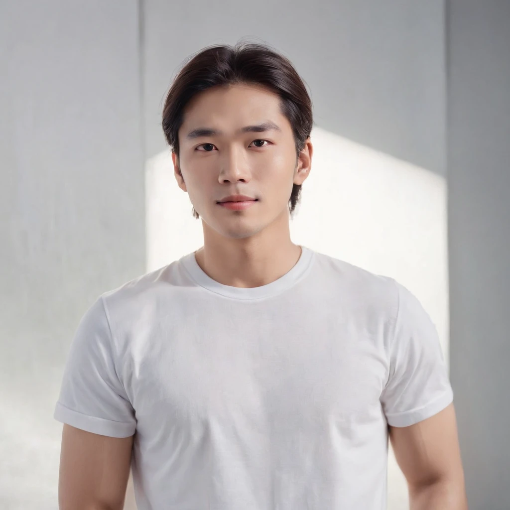 (Photo: 1.3) af (realistic: 1.3), East Asian man, (( long hair )),soft light, clear face, front, ((white T-shirt)), cheerful, warm light, ((gray-white gradient background)),(background)) ,avatar,(,handsome,young,((avatar))