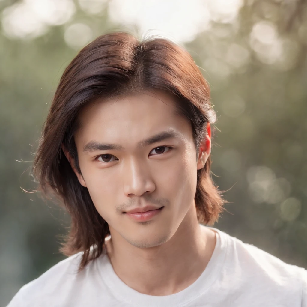 (Photo: 1.3) af (realistic: 1.3), East Asian man, (( long hair )),soft light, clear face, front, ((white T-shirt)), cheerful, warm light, ((gray-white gradient background)),(background)) ,avatar,(,handsome,young,((avatar))