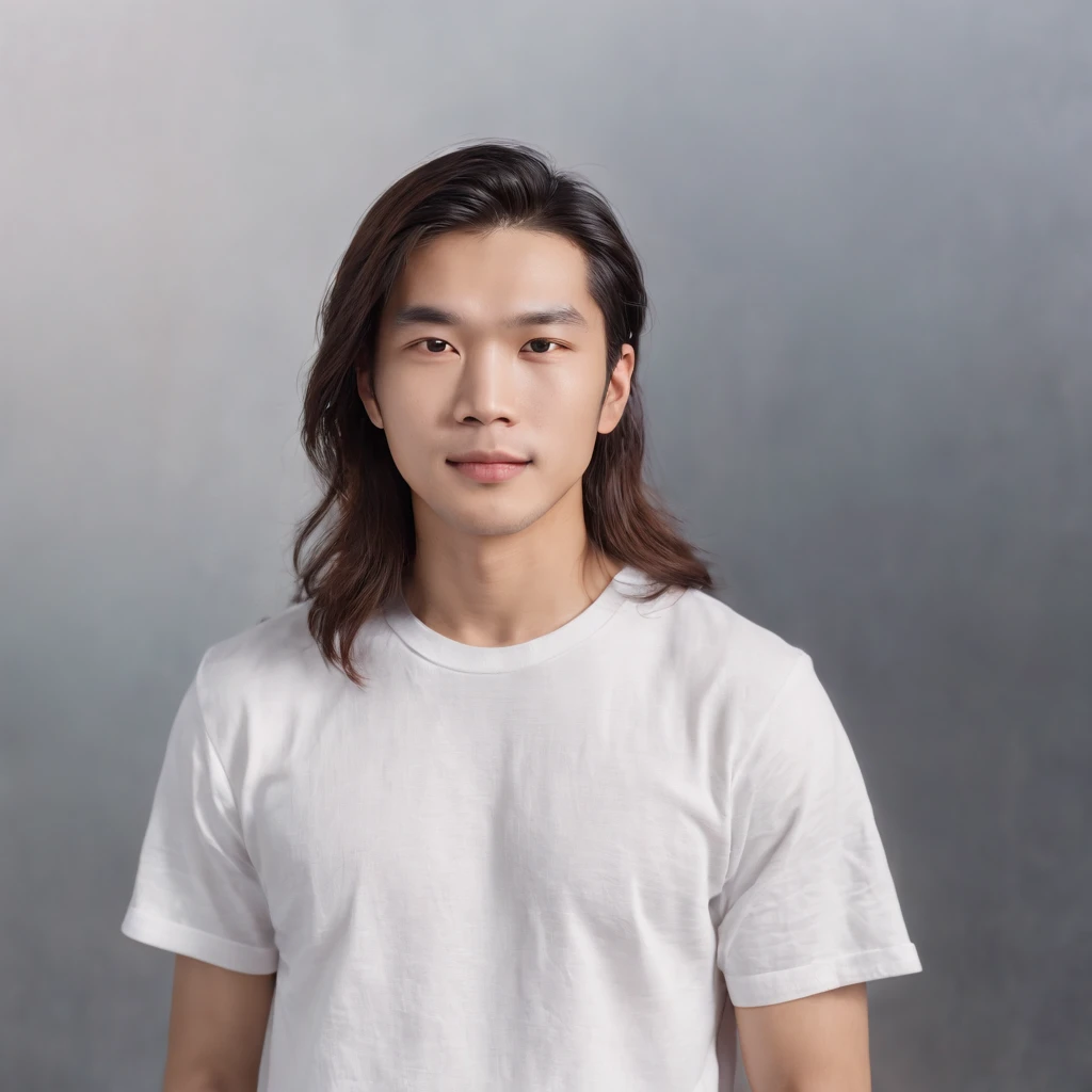 (Photo: 1.3) af (realistic: 1.3), East Asian man, (( long hair )),soft light, clear face, front, ((white T-shirt)), cheerful, warm light, ((gray-white gradient background)),(background)) ,avatar,(,handsome,young,((avatar))