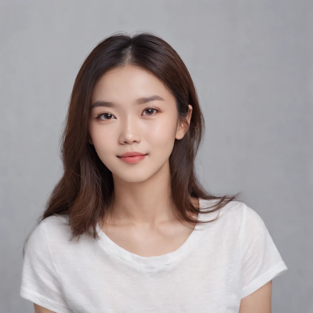Woman with upper eyes、Smirking expression、Bun hair、Wears a white shirt、studio shoot、Posing as a cat