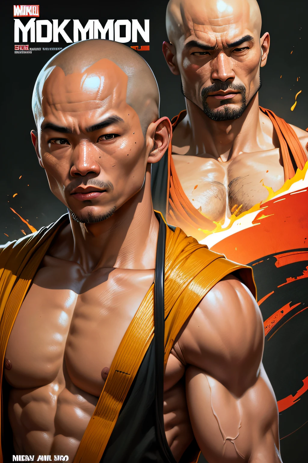 Comic book magazine cover with close-up image of Shaolin Monk, Shaolin Monk close-up, higly detailed, (Looks sverepo:5,0), Brave, 8K, Highest resolution. Image within the boundaries of the frame. text, which reads: "Monk"