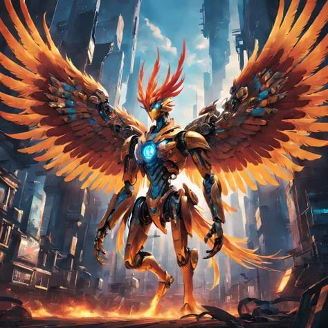 composition: begin with a striking composition that captures the essence of a phoenix reborn in the age of machinery. the layout...